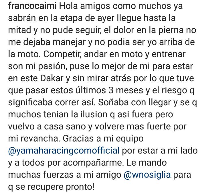 DAKAR 2019: ABANDONO DE FRANCO CAIMI